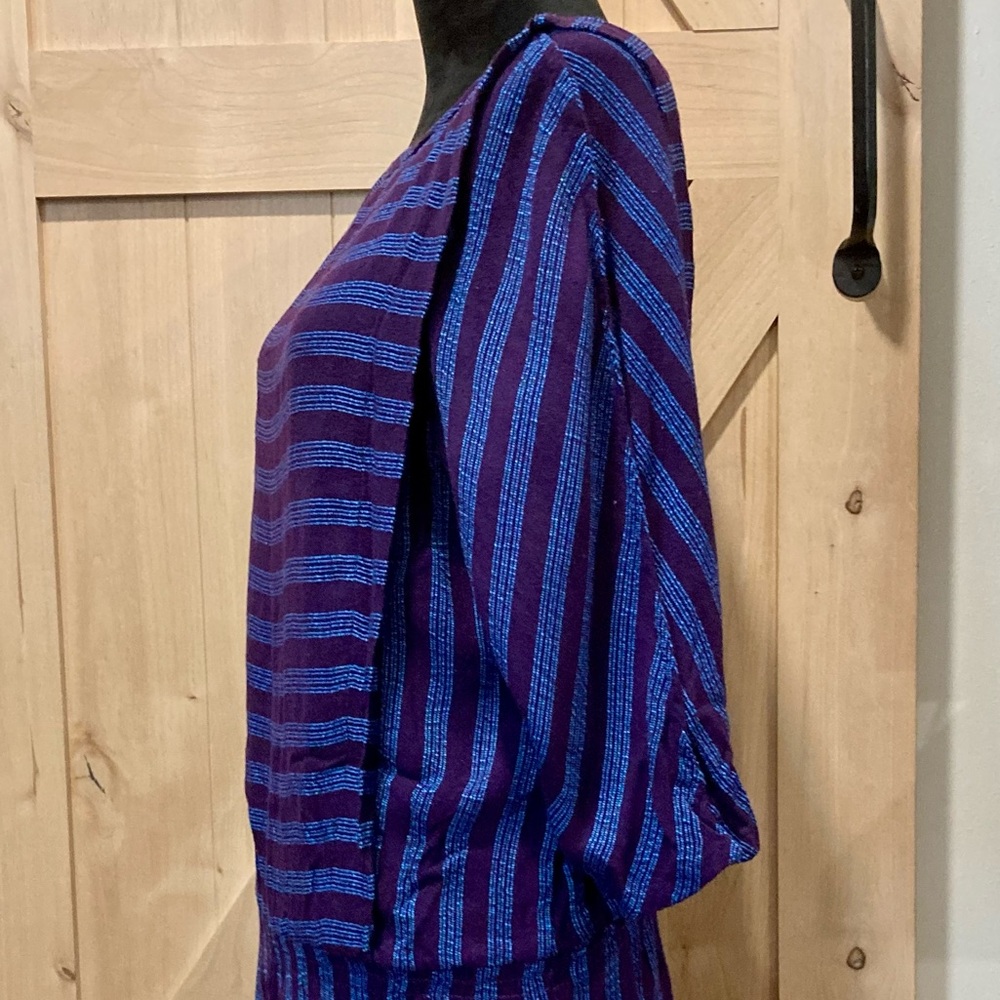 Vintage 90s Purple Blue Striped Drop Waist Dress 3/4 Sleeve Medium - Picture 7 of 12
